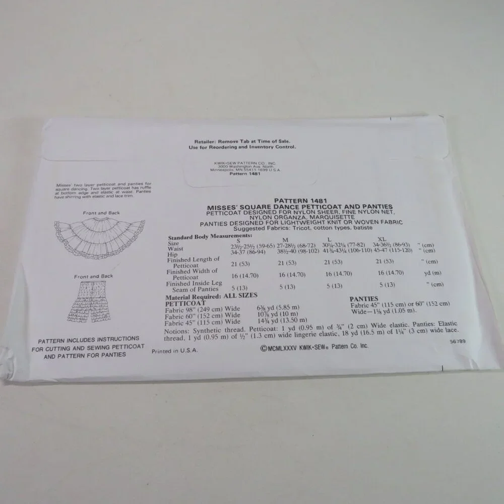 Kwik Sew 1481 Clothing Pattern DANCE petticoat, underskirt & panties UNCUT